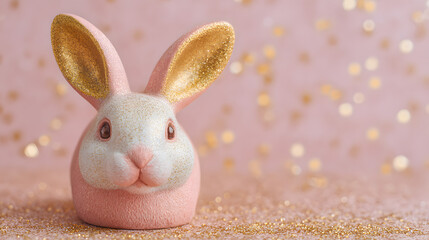 Decorative Handmade Rabbit Figurine with Elegant Pink Gold Sparkling Backdrop