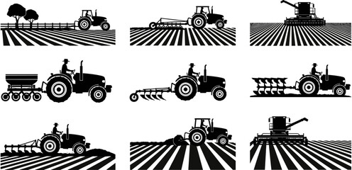 Tractor and farming icon set featuring agricultural machinery plowing fields seeding harvesting and rural cultivation symbols for agribusiness and industrial design. © Delowara