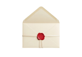  an elegant cream-colored envelope with a red wax seal and red ribbon, slightly open showing a matching letter inside