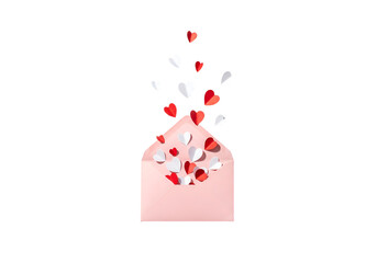 a pastel envelope placed on a soft pink background, with multiple small paper hearts in red and white colors floating and spilling out from the envelope. 