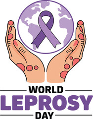 World Leprosy Day awareness vector illustration with purple ribbon, globe and supportive hands icon design