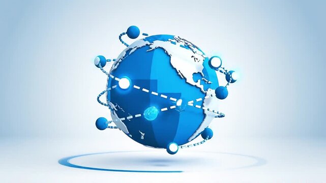 An animated global business icon showing a globe with orbiting nodes, flat vector style, smooth rotation animation, slow circular camera motion, clean background.