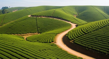 Expansive green tea plantations with a winding dirt road through rolling hills captured from an aerial perspective