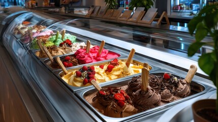 Gelato in a curved glass freezer