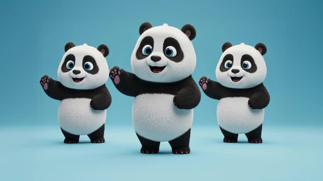 Animated Pandas Walking and Waving Happily on a Light Blue Background