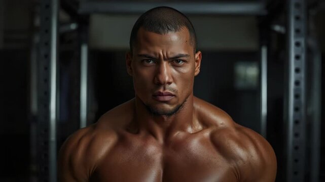Muscular athlete portrait in gym with intense expression and dramatic lighting, focused man