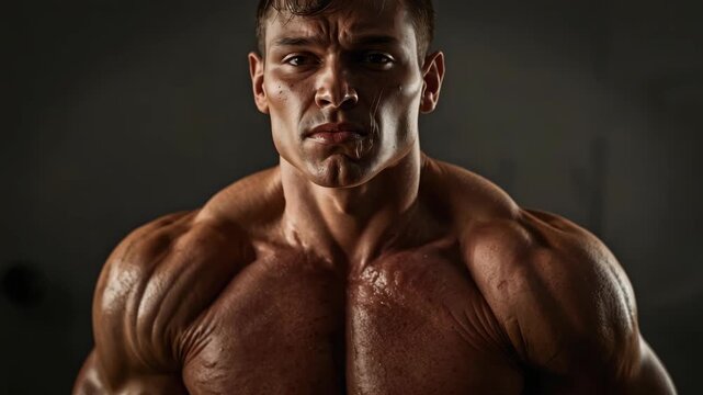 Muscular male bodybuilder portrait with intense expression and dramatic lighting muscular sweaty