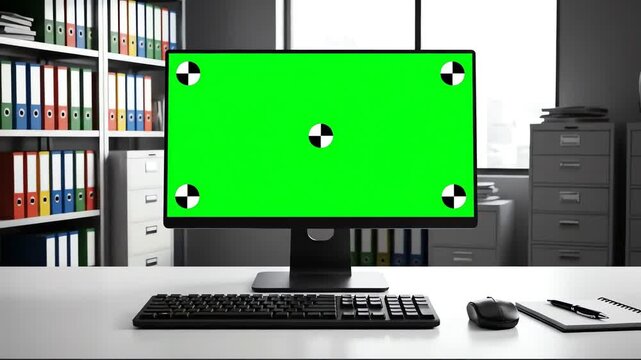 Modern office workspace with computer monitor displaying a vibrant green screen ready for content integration, offering a professional setting with document folders and a blurred window back