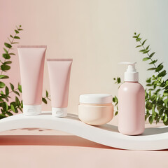 Pink Cosmetic Skincare Products on Wavy Podium with Plants