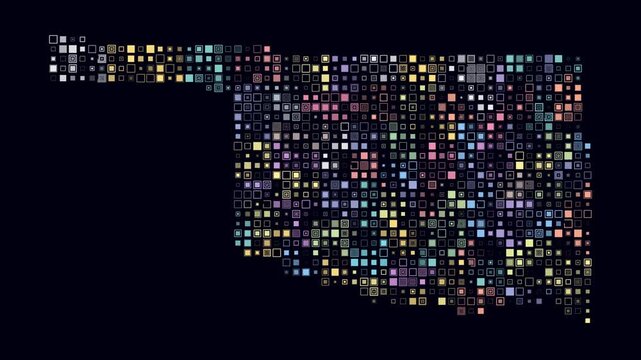 Oklahoma animated shape. Pulsating colored dots on the map of the state. Small size square blocks. Digital style Oklahoma map on dark background. Abstract animation video.