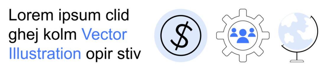 Obraz premium Financial management, teamwork, global business, economics, connectivity, international trade. Dollar sign, gear with people and globe. Finance and teamwork icon concepts