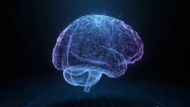 Neon wireframe human brain hologram glowing with neural network connections futuristic grid neon