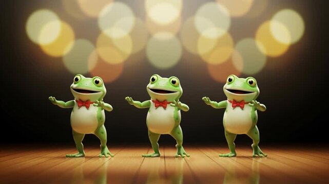 Dancing Frogs Performing Together on a Stage with Bokeh Lights