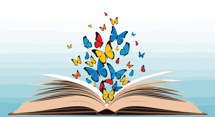 Open book with pages spread flat and a swarm of colorful butterflies flying upward from the center against a soft blue background for literature and imagination.