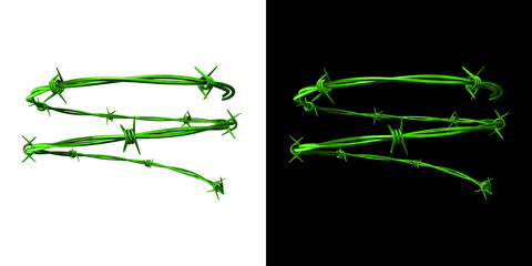 Barbed wire with sharp metal thorns isolated on transparent and black backgrounds 3d render