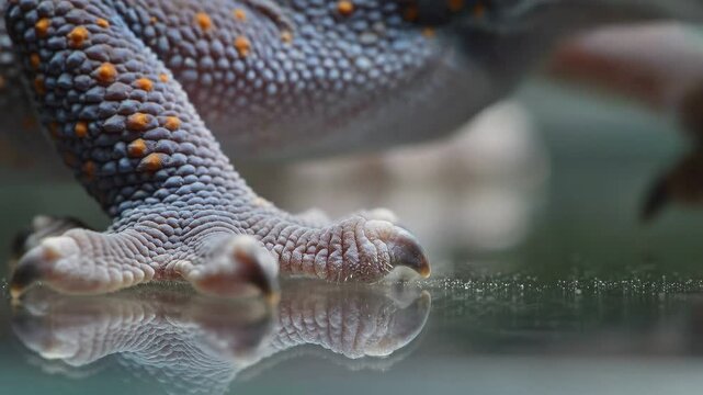 Close up of a lizard's foot with wet reflective surface and intricate scales.