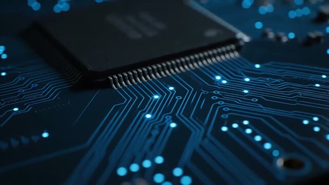 Close-up of a modern computer chip on a circuit board, showcasing intricate electronic pathways and glowing blue LED lights, representing data flow and technology, in a futuristic and abstra