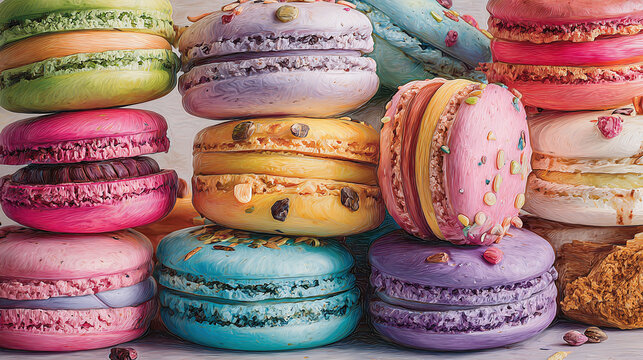 Vibrant arrangement of colorful macarons, showcasing a spectrum of flavors and textures