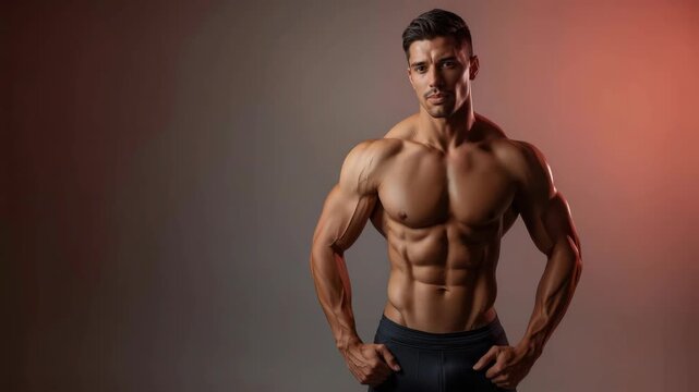 Muscular male torso with chiseled abs, six pack and confident chest posing dramatic lighting
