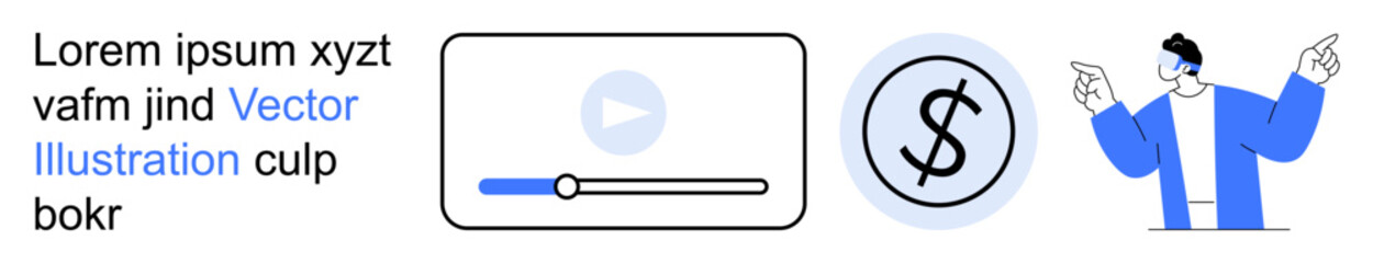 Obraz premium Financial transactions, online education, media consumption, digital content, video streaming, modern technology. Play button, dollar symbol and person pointing. Media consumption and financial
