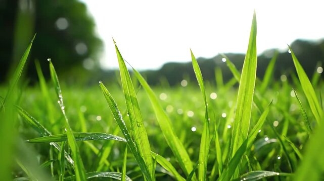 Close-up macro shot of vibrant green grass blades glistening with morning dew drops, capturing the essence of freshness and natural beauty with a dreamy, bokeh-filled background for a serene