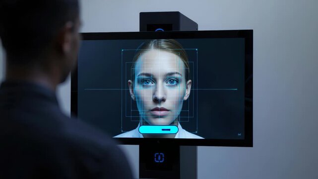 Facial recognition terminal scanning woman face with biometric scanner overlay and neutral female