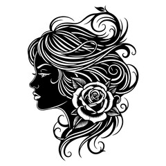 Fototapeta premium Woman's profile with flowing hair and rose illustration