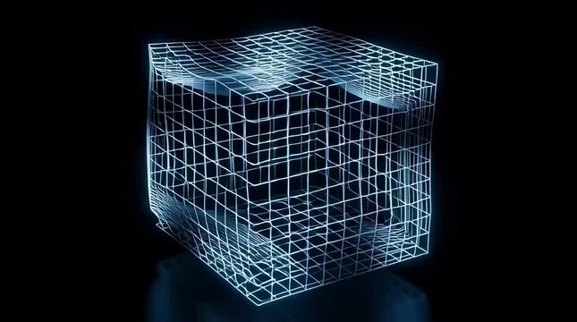 Glowing blue wireframe cube rotating in dark space