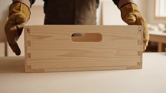 Person wearing protective gloves holding handmade wooden crate with dovetail joints
