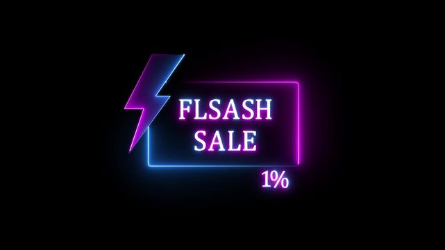 Glowing Neon Flash Sale Promo Animation with Electric Lightning Bolt, Shiny 1 Percent Discount Offer, Futuristic Neon Lights Shopping Banner and Special Promotion Ad Video.4K..