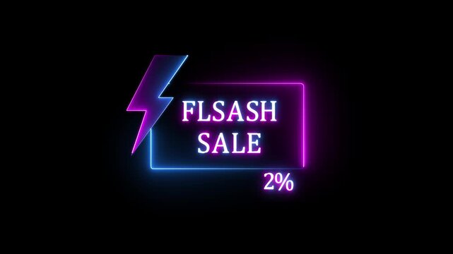 Glowing Neon Flash Sale Promo Animation with Electric Lightning Bolt, Shiny 2 Percent Discount Offer, Futuristic Neon Lights Shopping Banner and Special Promotion Ad Video.4K..