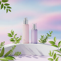 Pastel Spray Bottles on Wavy Podium with Gradient Background