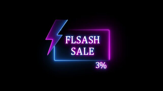 Glowing Neon Flash Sale Promo Animation with Electric Lightning Bolt, Shiny 3 Percent Discount Offer, Futuristic Neon Lights Shopping Banner and Special Promotion Ad Video.4K..