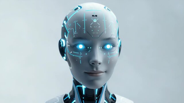 Futuristic android face and female cyborg portrait with glowing blue circuitry and serene expression
