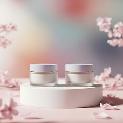 Frosted Cosmetic Jars with Cherry Blossoms on Pink Podium
