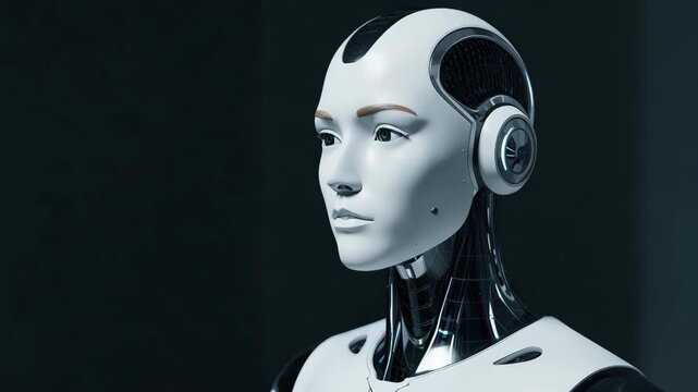 Futuristic humanoid android robot portrait with serene calm expression sleek white metallic design