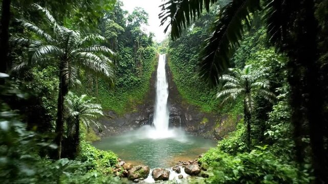 A serene waterfall in a lush forest, surrounded by tropical trees and foliage, captured from a distance.