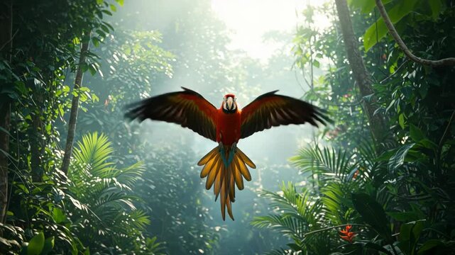 Red Macaw in Flight Through Lush Green Rainforest