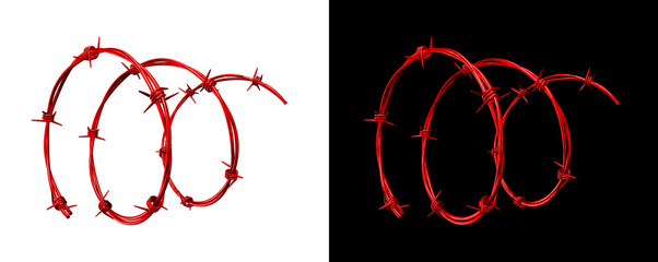 Vibrant red barbed wire loops forming decorative industrial element isolated on transparent background for creative arts