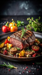 A delectable Grilled beef tenderloin steak with roasted vegetables and herbs on a dark plate is served
