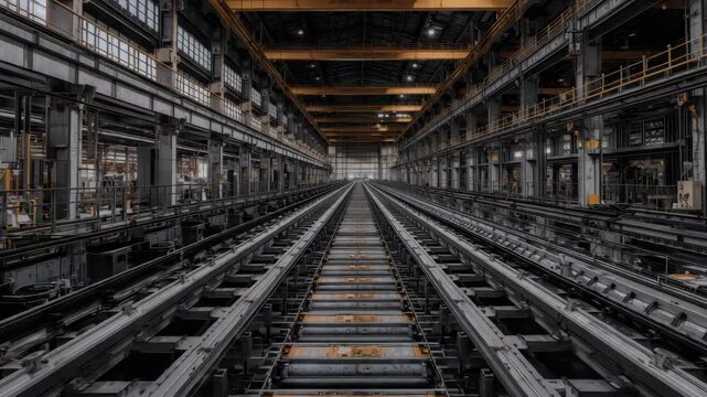 Industrial train workshop assembly hall with parallel metal tracks, converging rails
