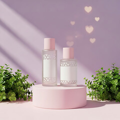 Frosted Bottles with Heart Pattern on Podium, Green Plants
