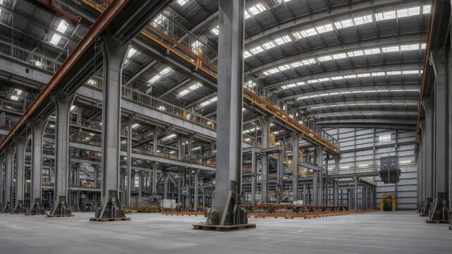 Spacious industrial warehouse interior with steel column and overhead crane, atmospheric expansive