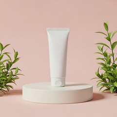White Cosmetic Tube on Podium with Green Natural Plants