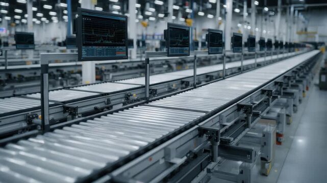 Empty roller conveyor line production assembly automation factory interior with monitors displaying