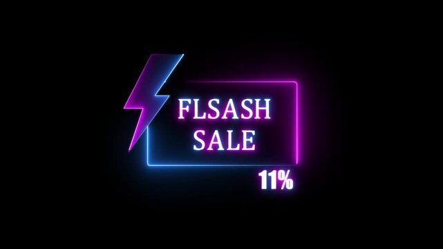 Glowing Neon Flash Sale Promo Animation with Electric Lightning Bolt, Shiny 11 Percent Discount Offer, Futuristic Neon Lights Shopping Banner and Special Promotion Ad Video.4K..