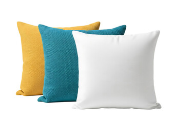 Three textured throw pillows yellow teal and white