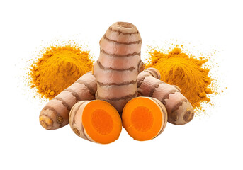 Turmeric roots and powder with vibrant orange interior