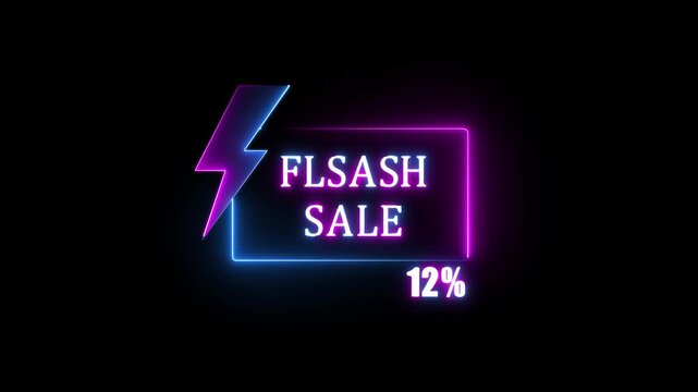 Glowing Neon Flash Sale Promo Animation with Electric Lightning Bolt, Shiny 12 Percent Discount Offer, Futuristic Neon Lights Shopping Banner and Special Promotion Ad Video.4K..