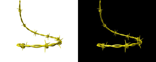 Gold barbed wire curve element for luxury security or premium boundary concepts isolated on transparent black background